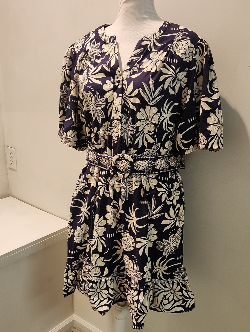 Joie Floral Puff Sleeve Belted Mini Dress Size 16 Blue Cream Ruffles Cotton